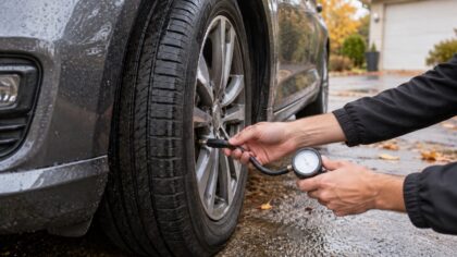 Contrôle de la pression d’un pneu avec un manomètre sur une voiture stationnée sur un sol humide.