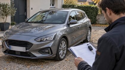 Homme consultant des documents avec une clé posée dessus, devant une voiture grise stationnée.