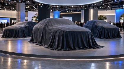 rois voitures recouvertes de housses sombres sur une estrade, dans un hall d’exposition avec des visiteurs en arrière-plan.Illustration générée par IA : scène fictive, sans représentation des modèles annoncés par Renault, Dacia et Alpine.