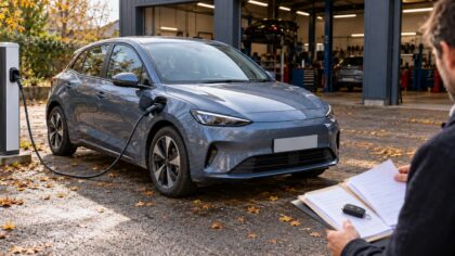 Une personne consulte un dossier devant une voiture gris bleu branchée à une borne de recharge près d’un garage.